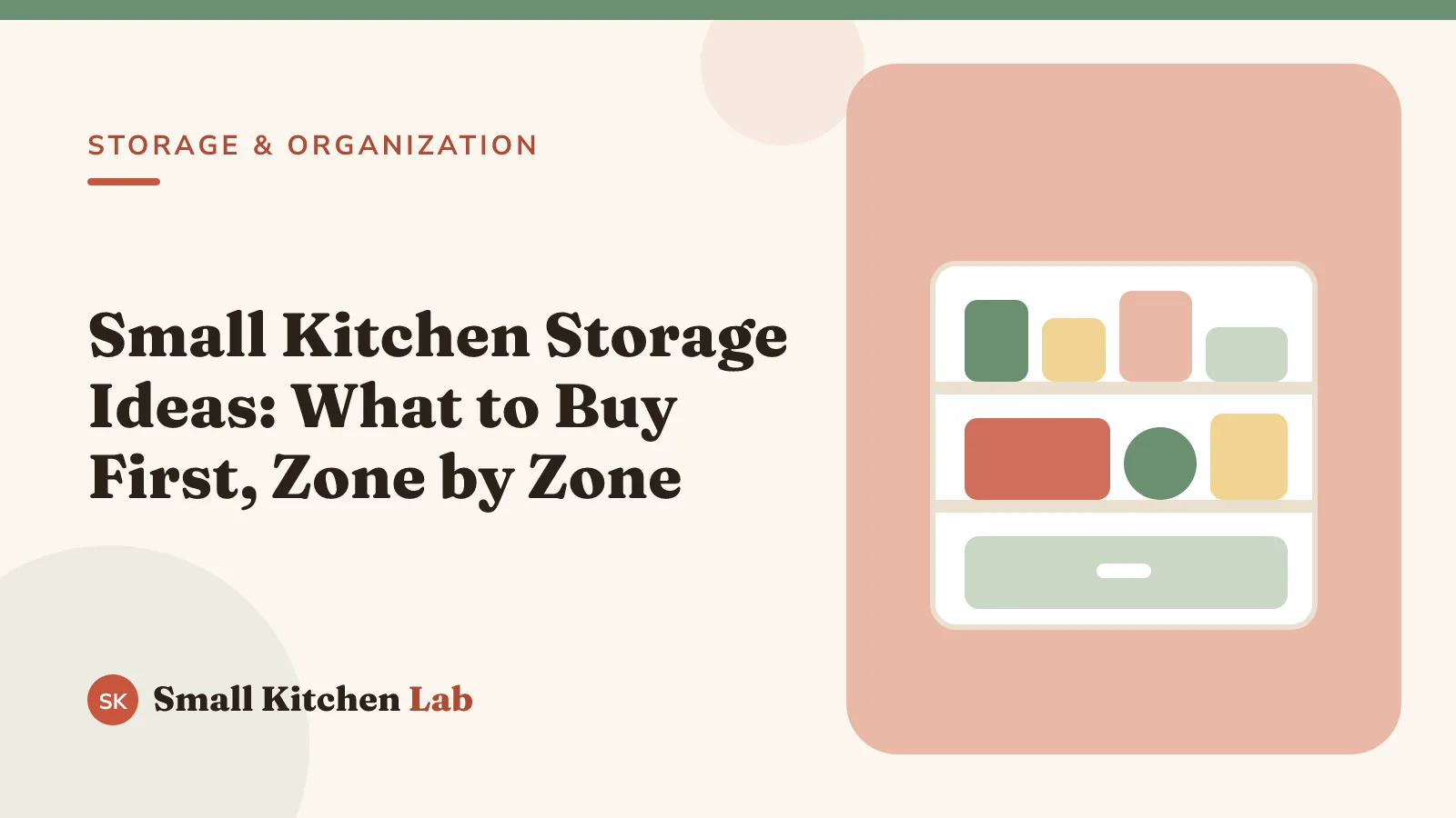 Illustrated Small Kitchen Lab header: Small Kitchen Storage Ideas: What to Buy First, Zone by Zone